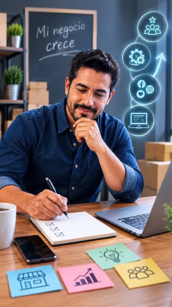 Empresario mexicano planificando la transformación digital de su negocio tradicional