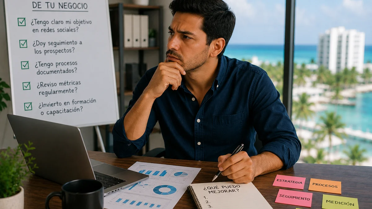 Empresario mexicano realizando una autoevaluación de su PyME para detectar errores de estrategia y gestión