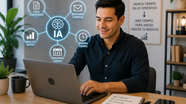 Empresario mexicano utilizando inteligencia artificial para automatizar tareas y ahorrar tiempo en su negocio