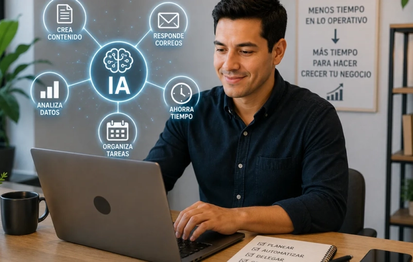 Empresario mexicano utilizando inteligencia artificial para automatizar tareas y ahorrar tiempo en su negocio