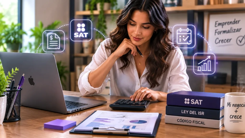 Emprendedora mexicana revisando facturación, impuestos y obligaciones fiscales de su negocio
