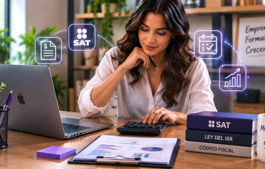 Emprendedora mexicana revisando facturación, impuestos y obligaciones fiscales de su negocio