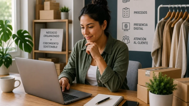 Emprendedora mexicana organizando su PyME con herramientas digitales y procesos de negocio