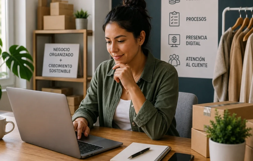 Emprendedora mexicana organizando su PyME con herramientas digitales y procesos de negocio