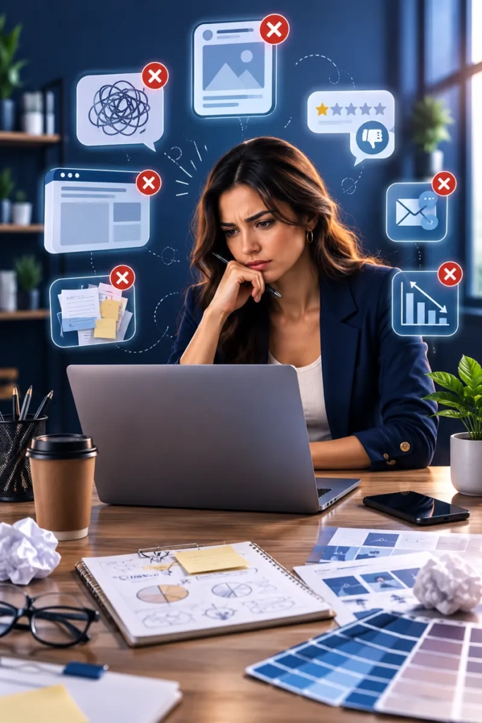 Empresaria mexicana analizando señales de falta de profesionalismo en la presencia digital de su negocio