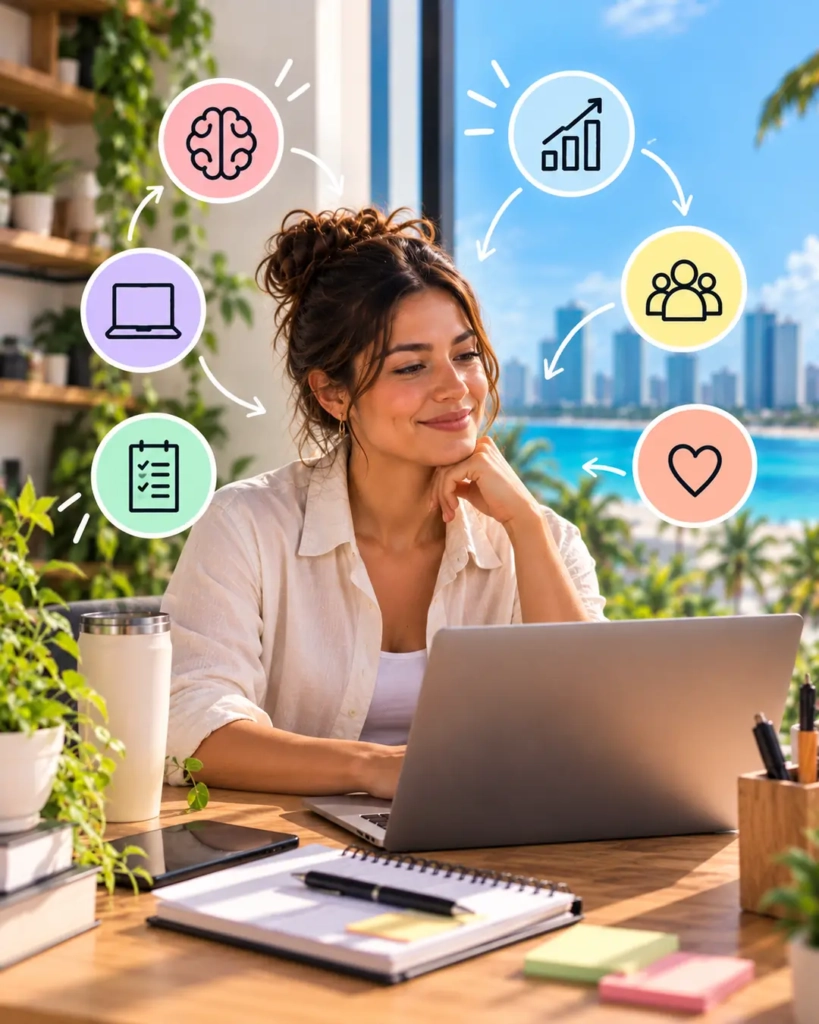 Emprendedora organizando prioridades para aprovechar oportunidades de negocio sin sentirse rebasada