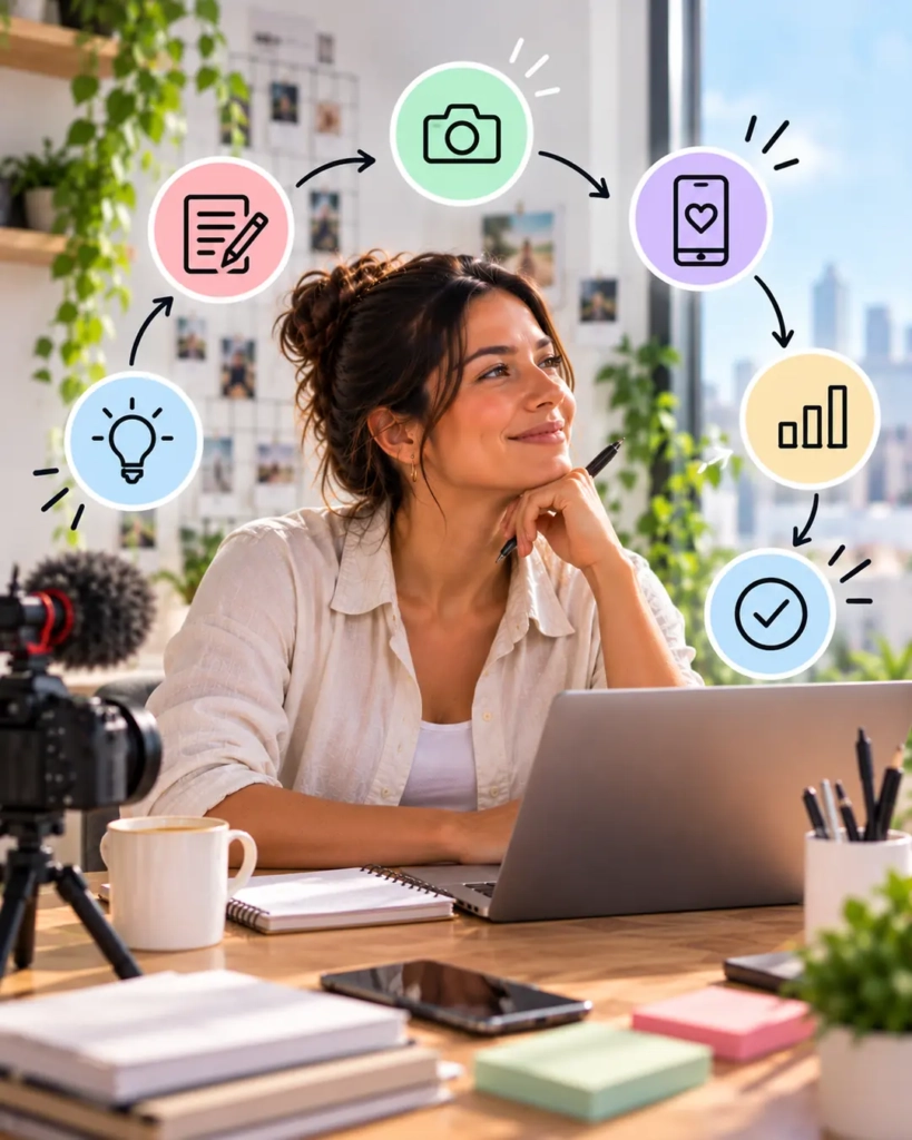 Emprendedora organizando ideas para empezar a crear contenido digital sin sentirse abrumada