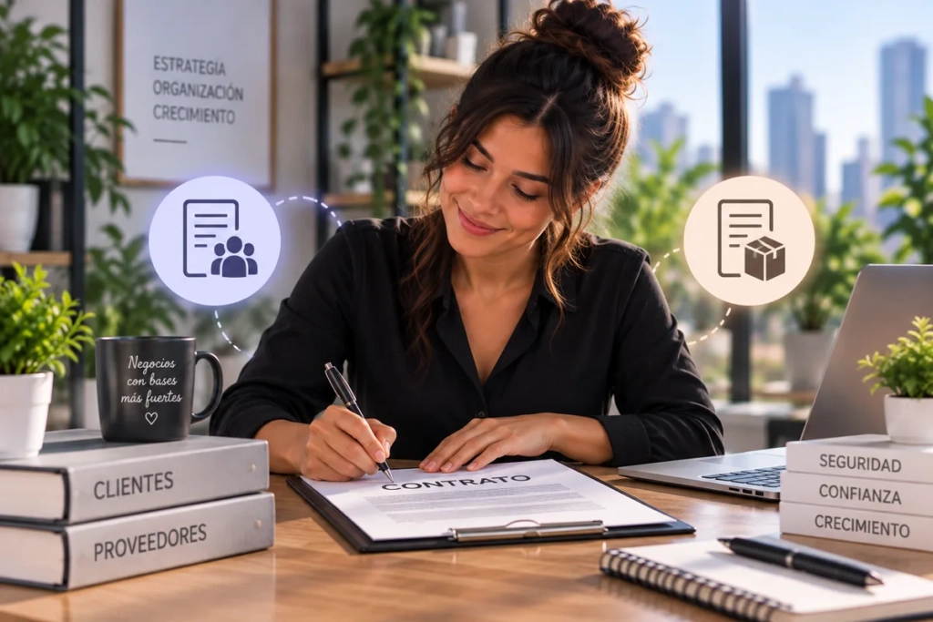 Empresaria revisando contratos básicos de una PyME con clientes y proveedores
