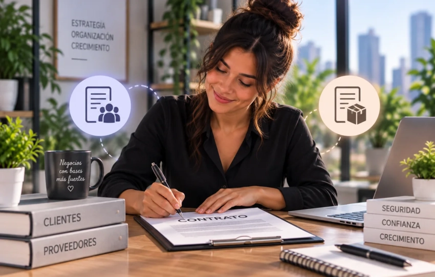 Empresaria revisando contratos básicos de una PyME con clientes y proveedores