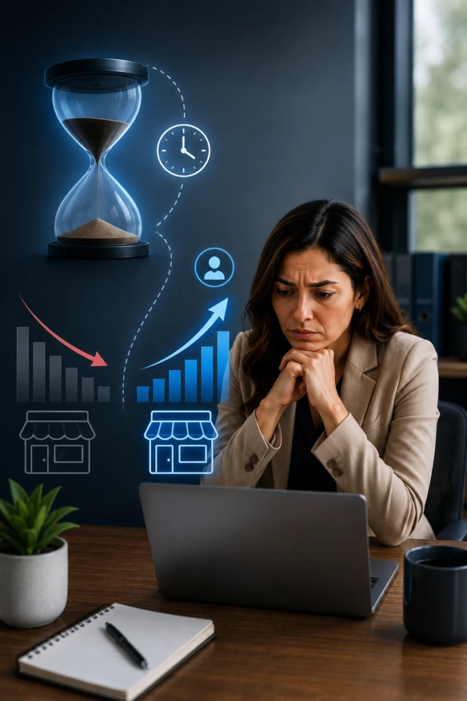 Empresaria mexicana analizando el impacto de retrasar la estrategia digital de su negocio