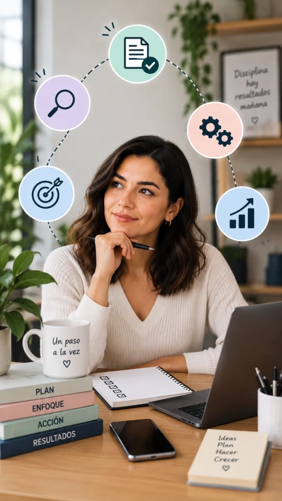 Emprendedora mexicana organizando los primeros pasos para mejorar y formalizar su negocio