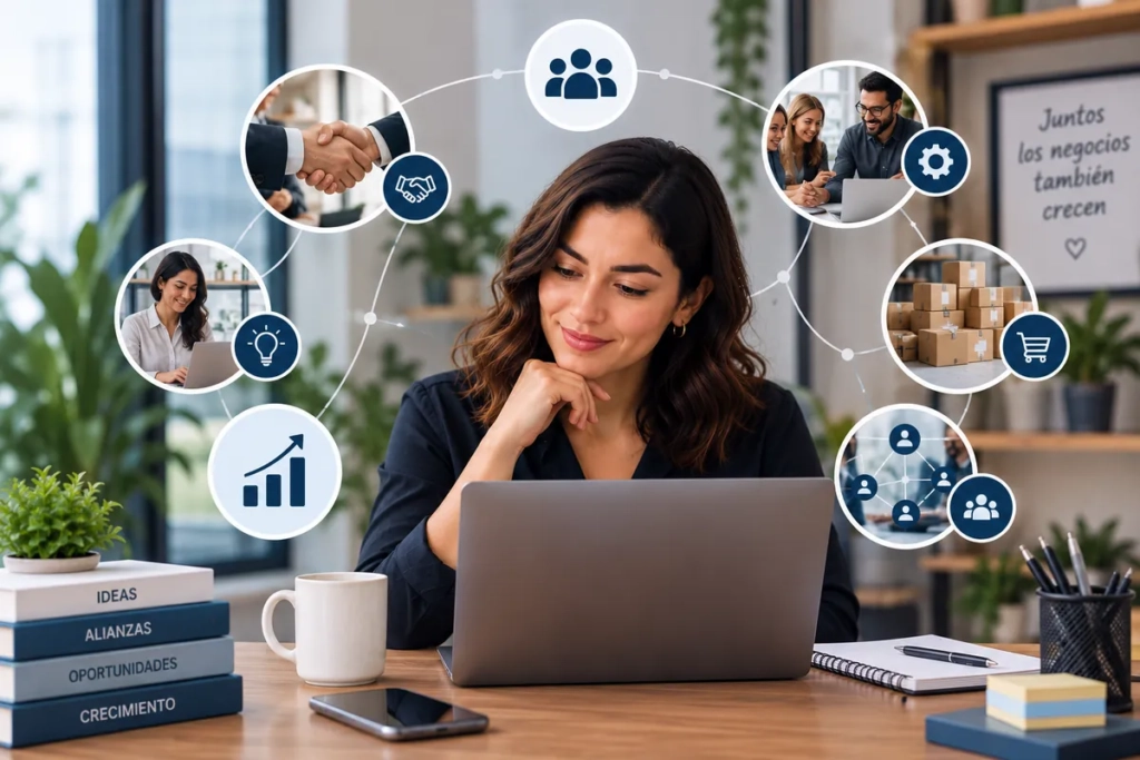 Emprendedora mexicana conectando con aliados y oportunidades dentro de un ecosistema empresarial