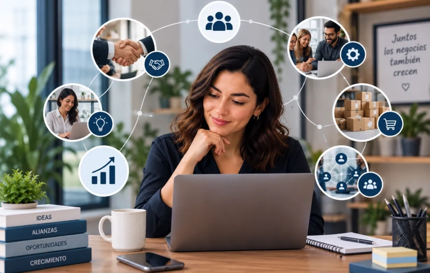 Emprendedora mexicana conectando con aliados y oportunidades dentro de un ecosistema empresarial