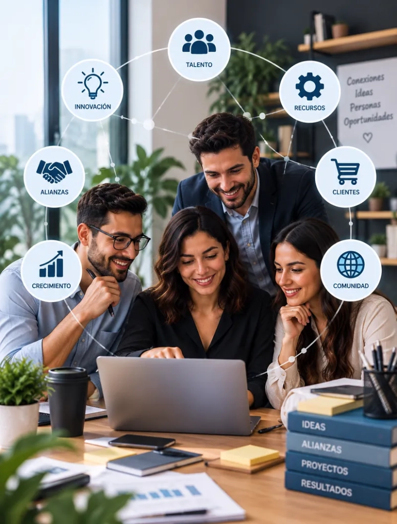 Ecosistema empresarial conectado por emprendedores, alianzas, innovación y oportunidades de crecimiento