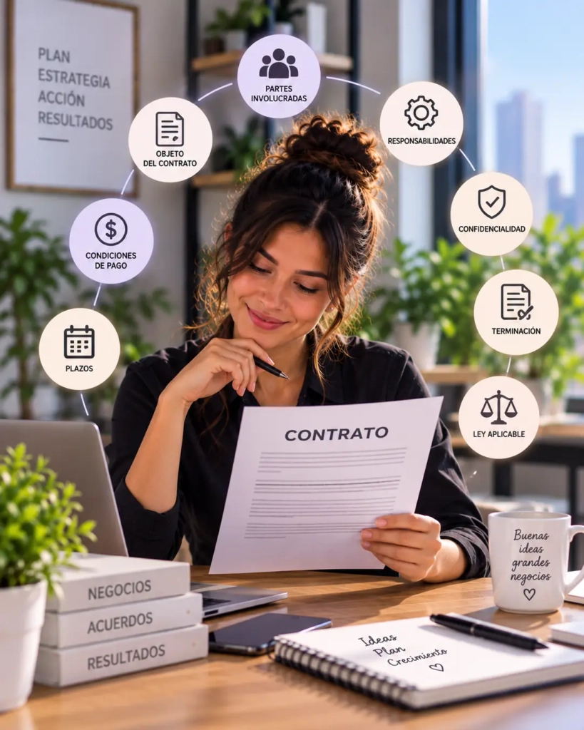 Empresaria revisando los elementos esenciales que debe incluir un contrato básico para una PyME