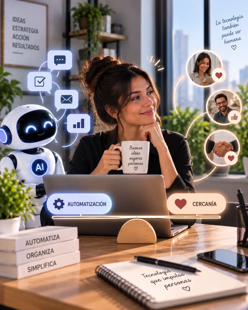 Emprendedora equilibrando automatización con atención cercana y humana al cliente