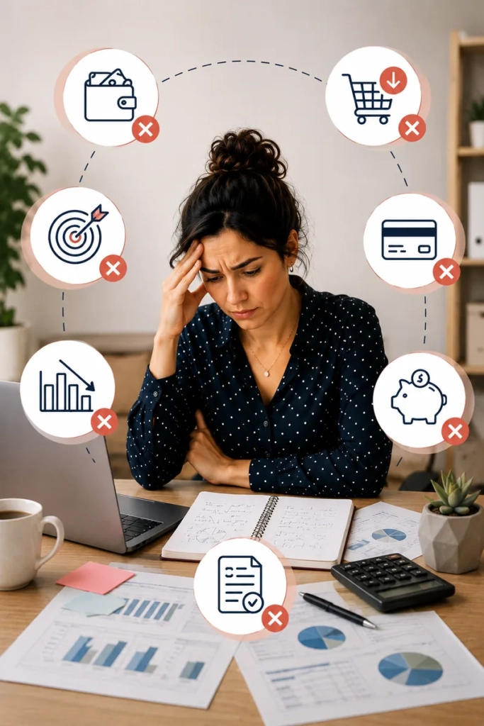 Emprendedora mexicana analizando errores financieros comunes que afectan la estabilidad de su negocio