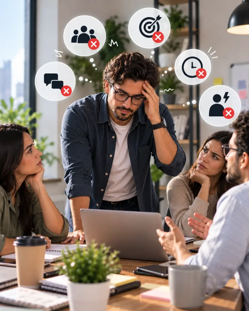 Líder de un pequeño negocio enfrentando problemas de comunicación y gestión de equipo