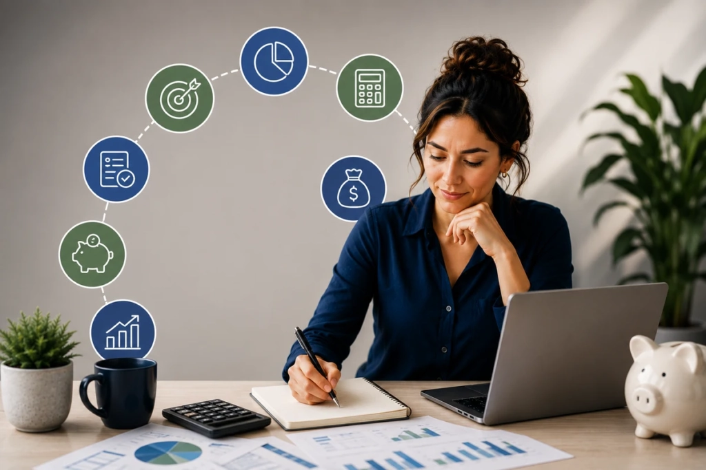 Emprendedora mexicana organizando las finanzas de su negocio con herramientas de control financiero