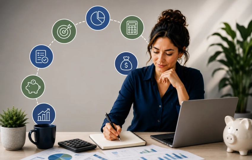 Emprendedora mexicana organizando las finanzas de su negocio con herramientas de control financiero