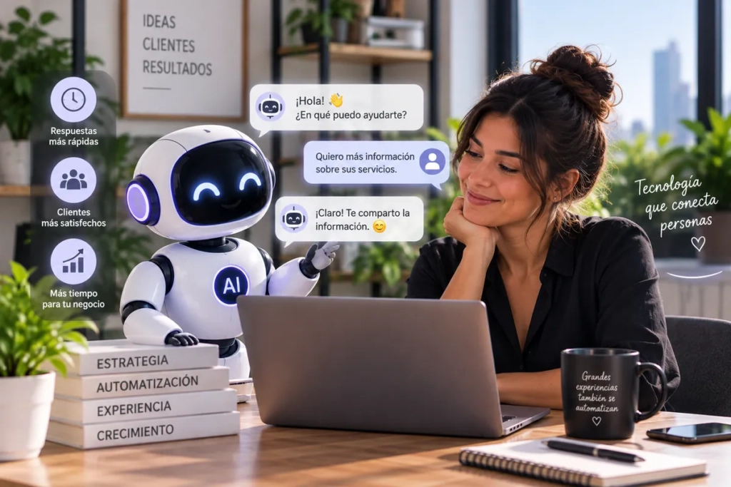 Emprendedora utilizando inteligencia artificial para automatizar la atención al cliente sin perder cercanía