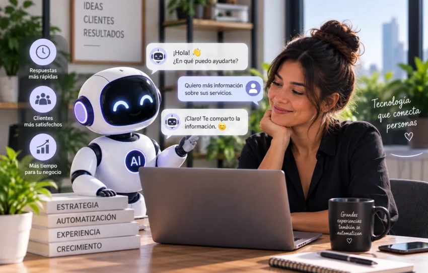 Emprendedora utilizando inteligencia artificial para automatizar la atención al cliente sin perder cercanía