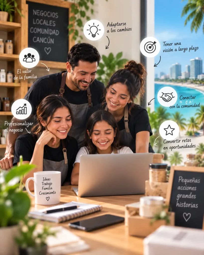 Familia emprendedora trabajando en conjunto y aplicando estrategias para hacer crecer un negocio familiar en Cancún