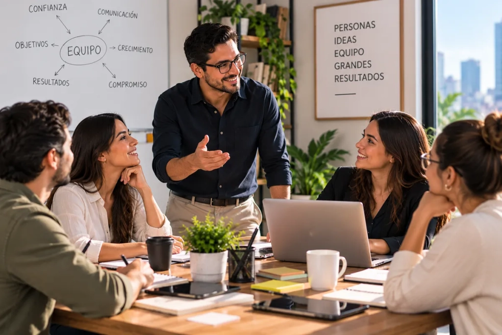 Líder empresarial trabajando con su equipo para fortalecer la comunicación y el compromiso