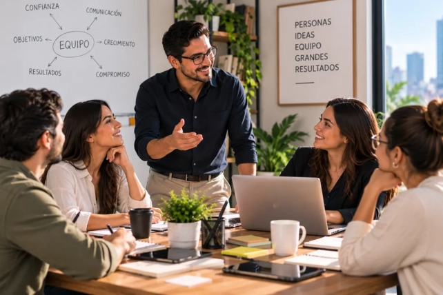 Líder empresarial trabajando con su equipo para fortalecer la comunicación y el compromiso