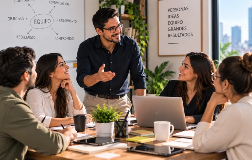 Líder empresarial trabajando con su equipo para fortalecer la comunicación y el compromiso