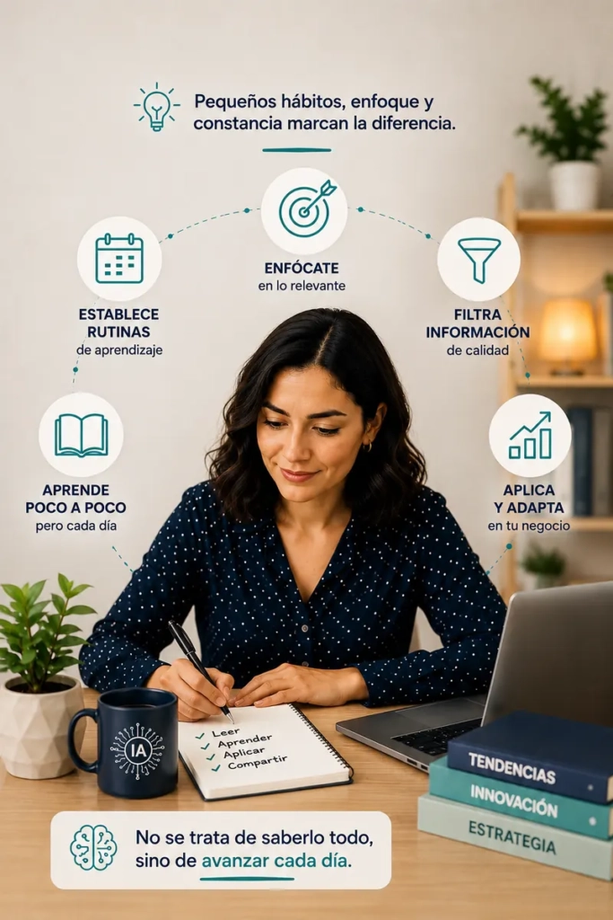 Emprendedora mexicana organizando su aprendizaje para mantenerse actualizada sin sentirse abrumada