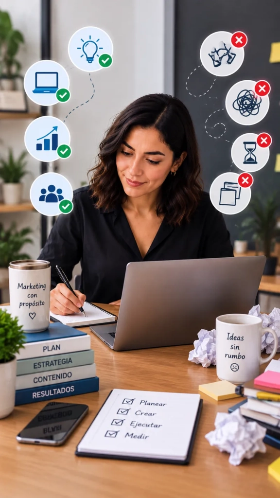 Emprendedora mexicana planificando una estrategia de marketing accesible para su pequeño negocio