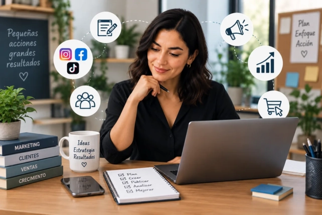 Emprendedora mexicana planificando estrategias de marketing digital para atraer clientes y aumentar ventas