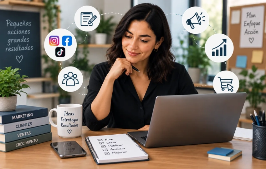 Emprendedora mexicana planificando estrategias de marketing digital para atraer clientes y aumentar ventas