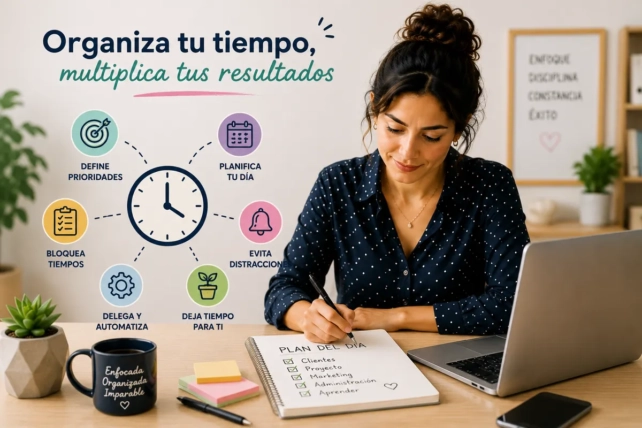 Emprendedora mexicana organizando su tiempo y planificando las tareas de su negocio