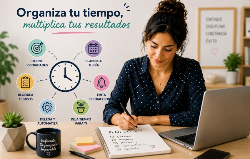 Emprendedora mexicana organizando su tiempo y planificando las tareas de su negocio