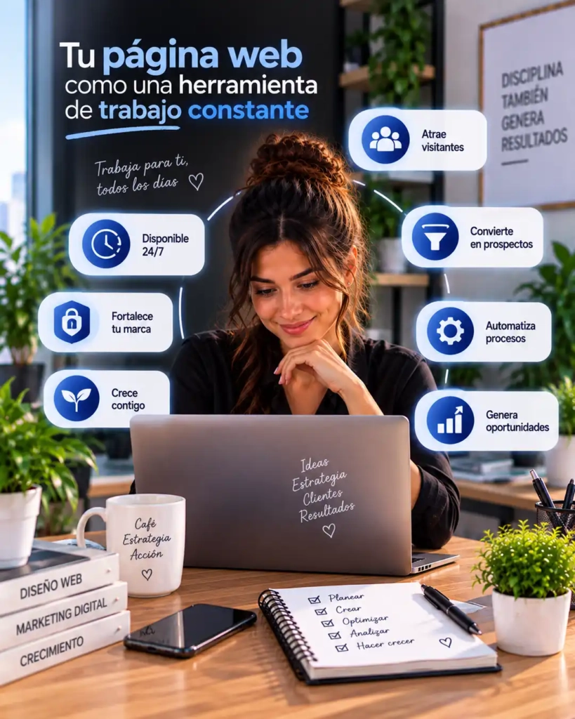 Empresaria utilizando su página web como herramienta constante para atraer visitantes y generar prospectos