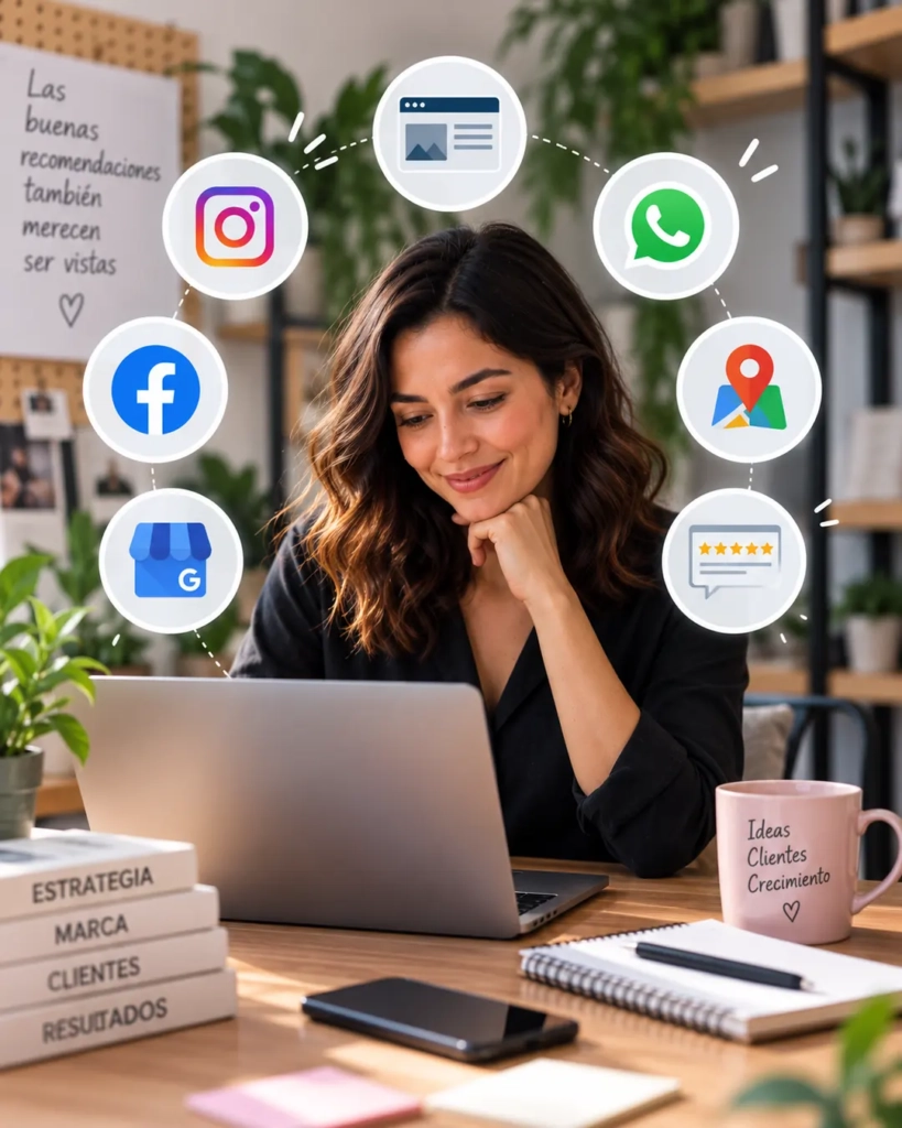 Emprendedora gestionando la presencia digital de su negocio mediante sitio web, redes sociales y canales de contacto