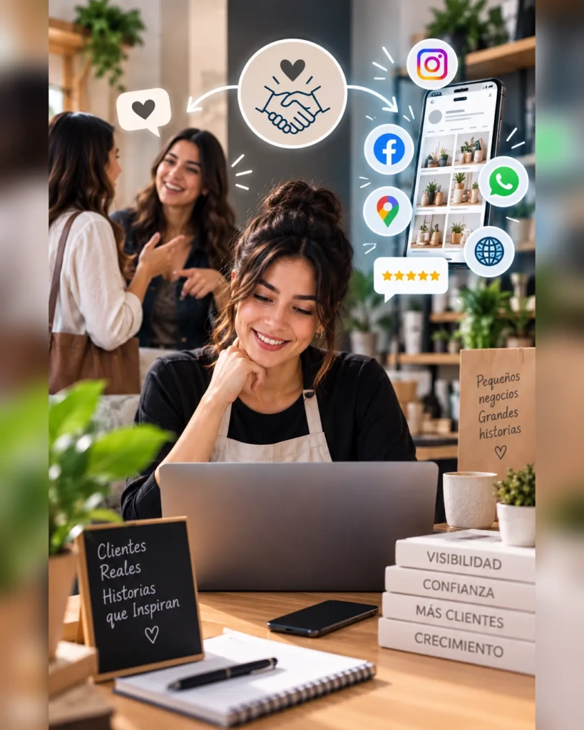 Emprendedora combinando recomendaciones de clientes con presencia digital para aumentar la visibilidad de su negocio