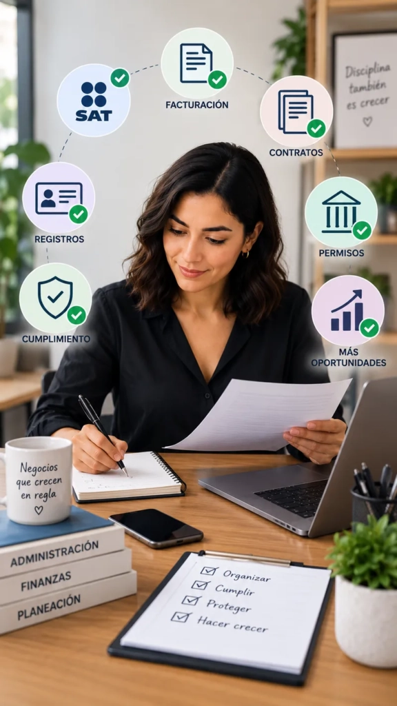 Emprendedora mexicana revisando documentos para regularizar y formalizar su negocio