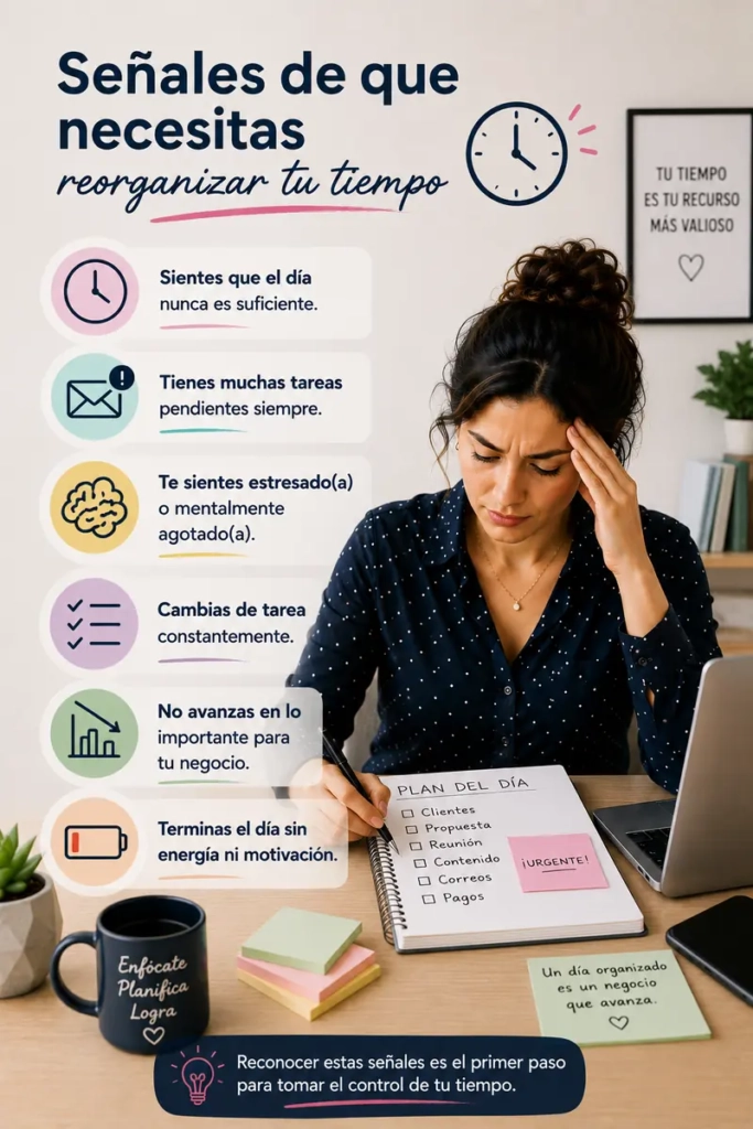 Emprendedora mexicana identificando señales de que necesita reorganizar su tiempo y prioridades