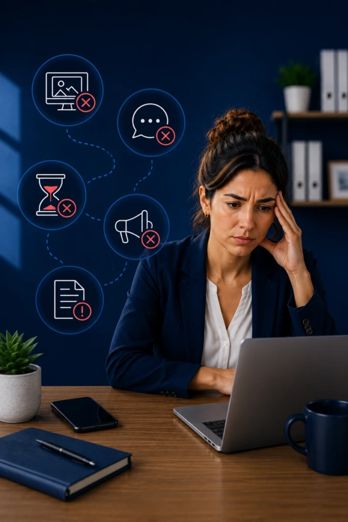 Empresaria mexicana identificando problemas que pueden reducir la confianza de los clientes en su negocio