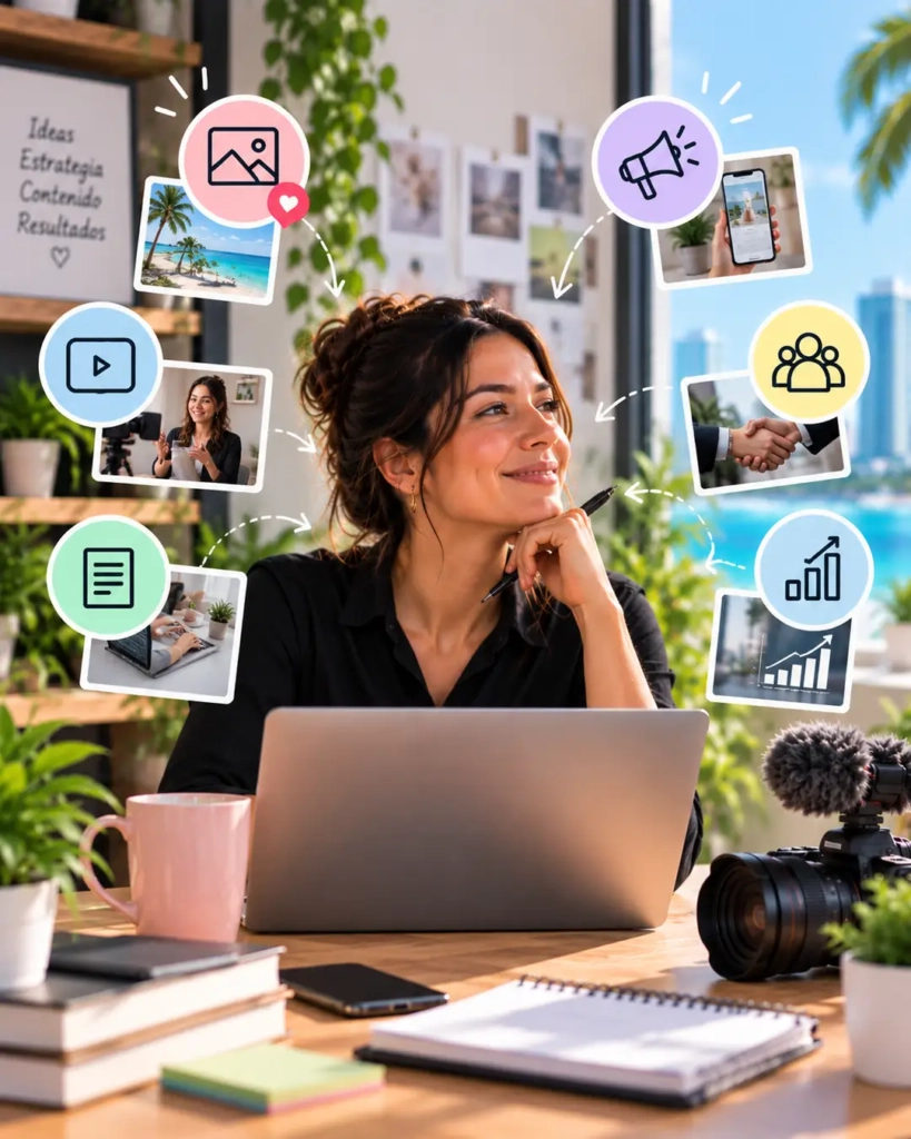 Emprendedora creando diferentes tipos de contenido digital para posicionar su empresa