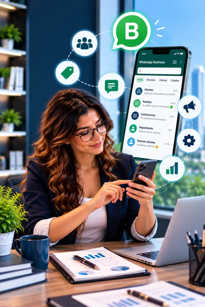 Emprendedora utilizando WhatsApp Business para gestionar clientes