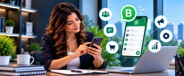 Emprendedora utilizando WhatsApp Business para gestionar clientes
