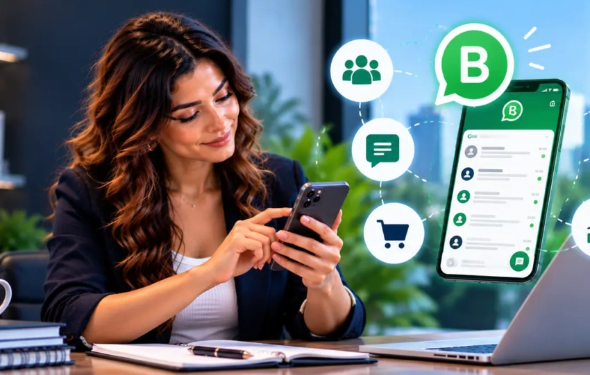 Emprendedora utilizando WhatsApp Business para gestionar clientes